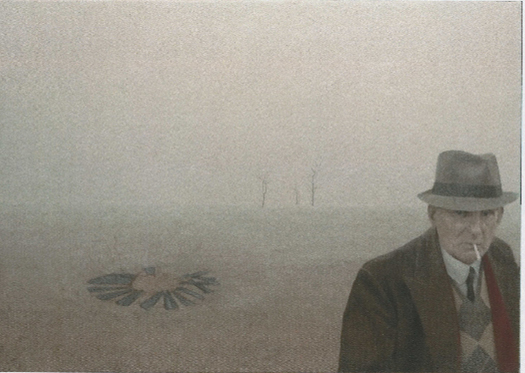 Painting of man in hat and suit and tie with cigarette dangling from mouth leaving dusty flat earth with a rusty windmill lying broken on the ground