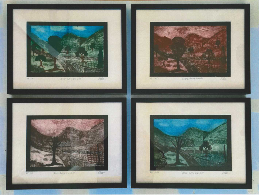 4 framed pictures of the same scene showing trees beside a road and cultivated land with hills in the background. The first picture is green and healthy, the second red and overcast, the third grey and red with most trees gone except for one dead tree, and the fourth picture is green again, with the dead tree still there but new trees growing behind.