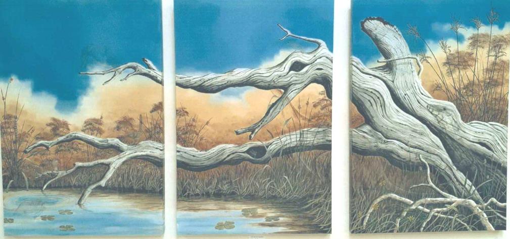 One image cut into three, of dead grey tree branches reaching over blue water with brown trees in the background.