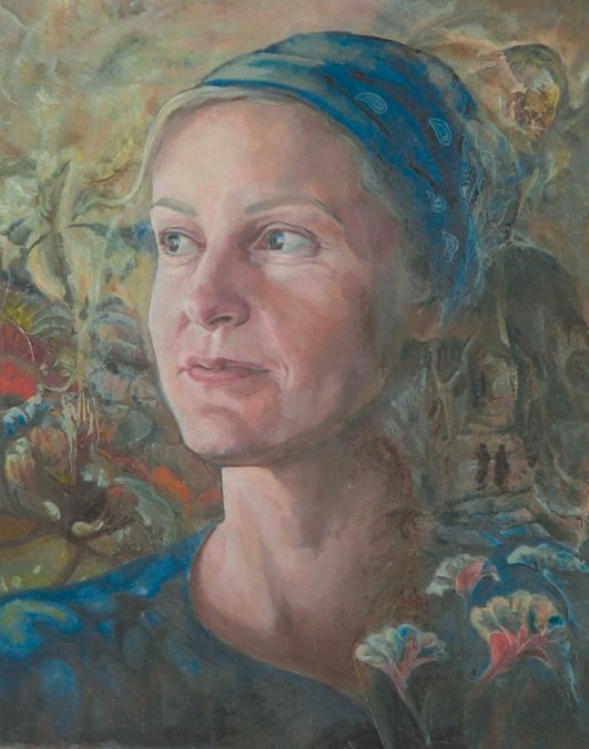 Merging with a background of flowers, plants, and people by water, a woman wearing a scarf over grey hair looks to her right.