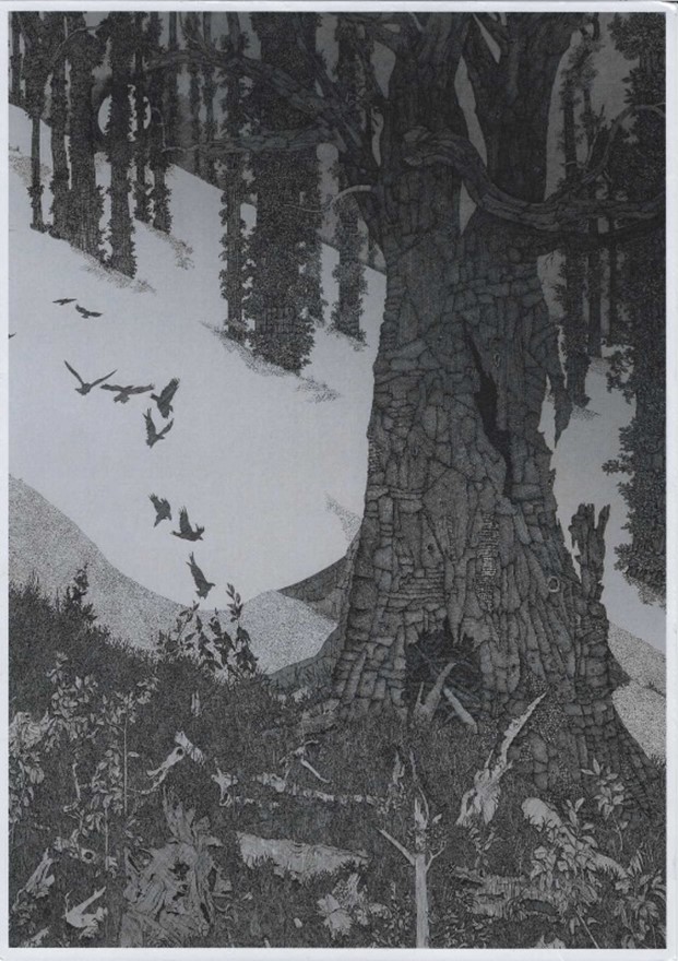 A black and white ink drawing of trees with leaves sprouting directly from their trunks, with a flock of small birds beside them. In the foreground one large tree looks completely dead but is surrounded by grass and bushes.