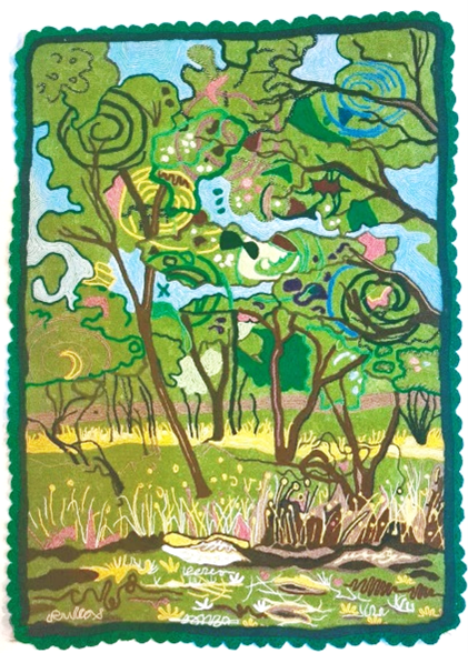 A landscape with stylized small plants in the foreground and flowers and trees in the midground with more trees growing in the background.