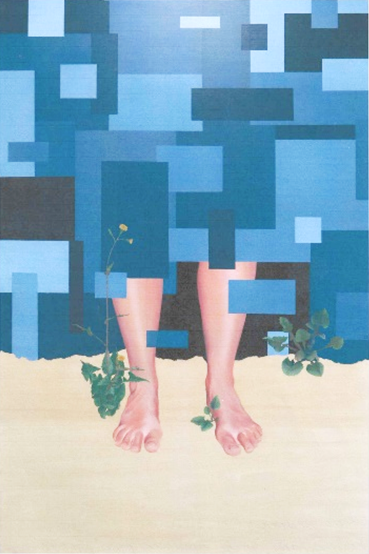 A woman's bare feet and calves stand on sandy ground beside some weeds. The remainder of the woman and her background are pixellated out.