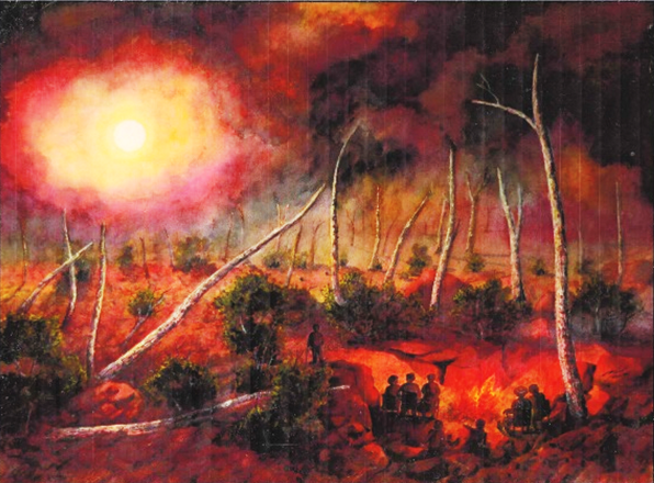 A sun haloed in burning clouds presides over a landscape of dead tree trunks and bushes. People sit comfortably watching the spectacle of a burning pit of flames. One of the tourists stands closer, looking into the pit.