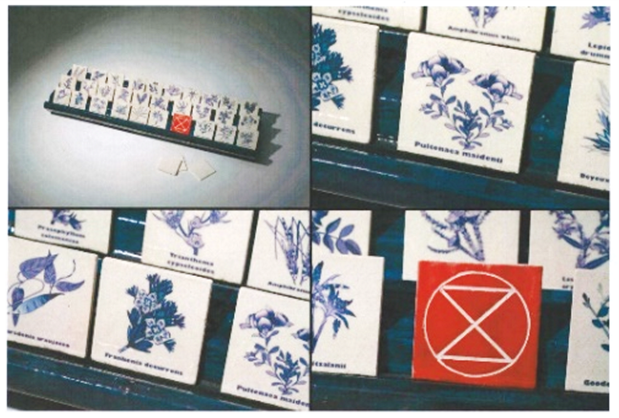 Four images of a series of 30 square white ceramic tiles which have foliage painted on them in blue along with their scientific names. One of the tiles is red with a stylized white hourglass on it.