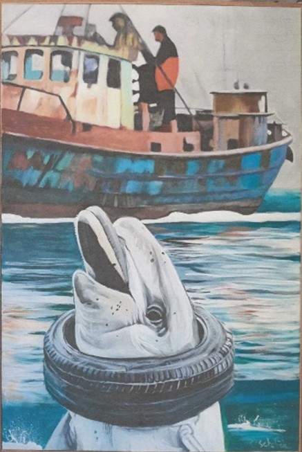 People in a fishing boat look the other way as a dolphin rises out of the water, its mouth open in distress, with a car tire around its neck.