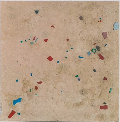 This mixed media piece of art resembles sand on a beach strewn with rubbish.