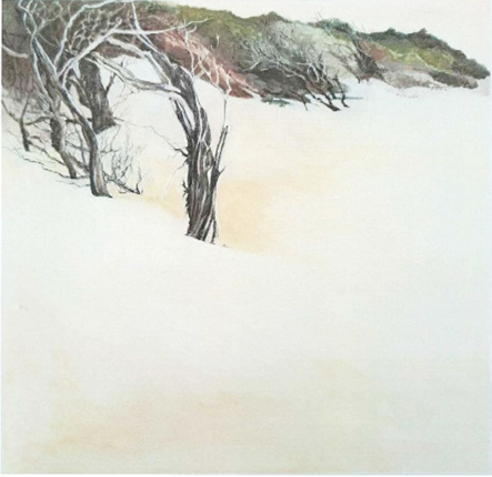 Most of this painting is the white sand of a sand dune. Dead tree tops poke out of the top of the sand and in the distance the sand dune supports grass and more dead plants.
