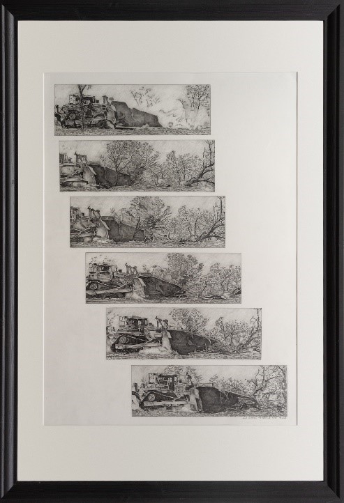 Inside a frame are mounted 6 black and white drawings each set underneath and to the right of the one above so the drawings step to the right. They show an earthmover approaching, then tearing down, trees.