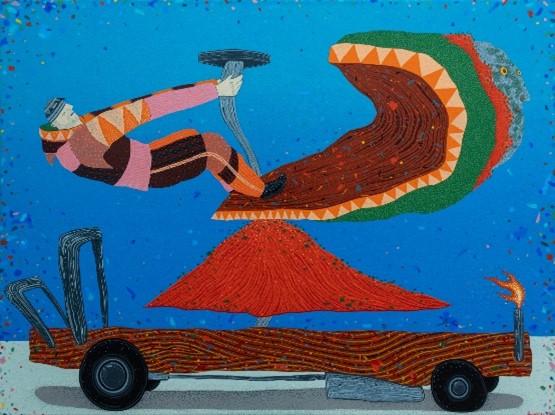 A bright cartoon style image of a man in harlequin clothes and a beanie bending right over backwards as he pulls the steering column of a vehicle with wheels and flames coming out of a pipe and a firey red canopy topped iwth a sail which could be the earth half eaten and blowing away.
