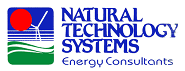 Logo featuring a windmill over green grass under a red sun beside waves, and the words Natural Technology Systems Energy Consultants.